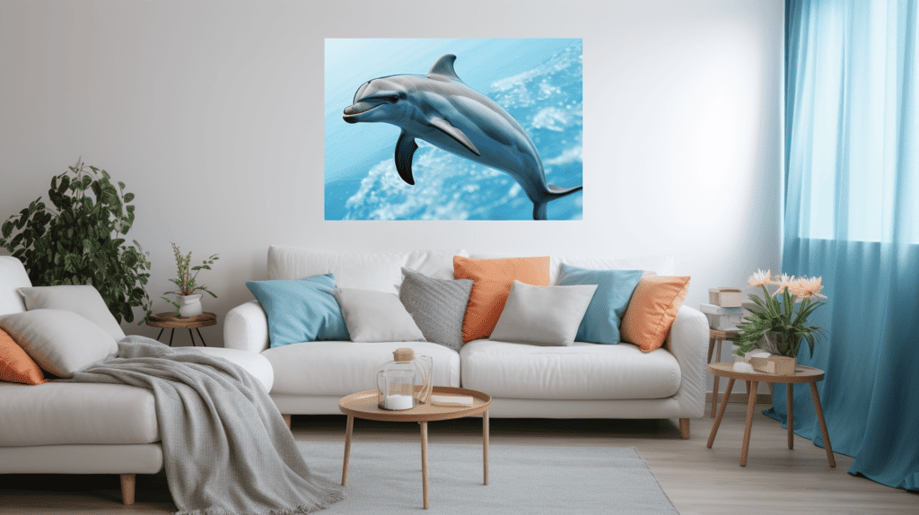 A cozy living room with dolphin-themed blankets draped over a comfortable sofa, the blankets adorned with vibrant images