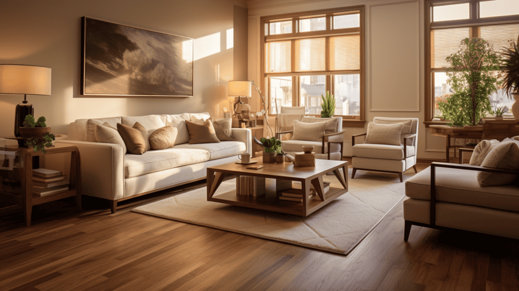 A cozy living room with hardwood flooring, featuring warm tones and natural grain patterns, complemented by plush furniture and soft lighting, capturing a sense of comfort and elegance, Interior Photography