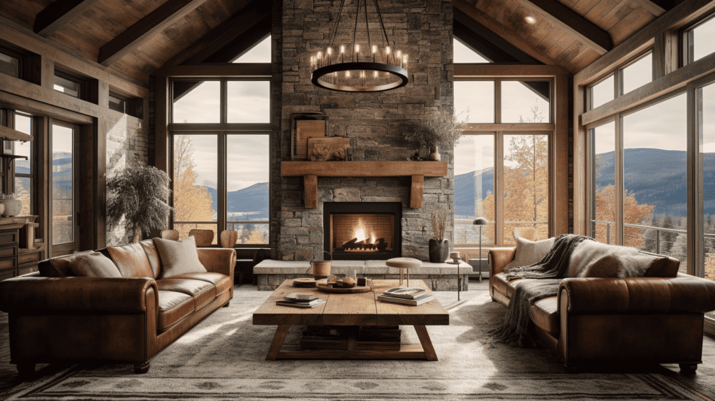 A cozy rustic modern living room with a large stone fireplace as the focal point, adorned with wooden beams on the ceiling, plush leather sofas, and a vintage rug, creating a warm and inviting atmosphere