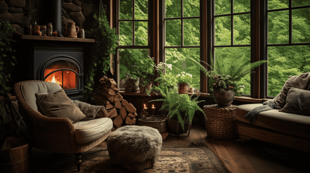 A cozy woodland home decor with rustic wooden furniture, soft earthy tones, and natural textures