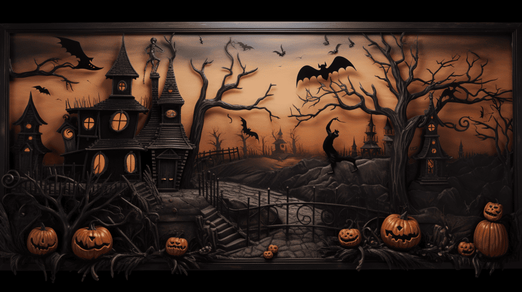 A custom Halloween sign featuring intricate hand-painted designs of spooky witches, black cats, and haunted houses