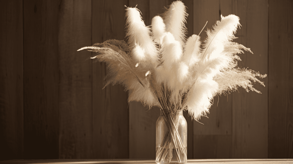 A gorgeous arrangement of natural dried pampas grass bouquet, gracefully arranged in a tall vase, with soft, feathery plumes