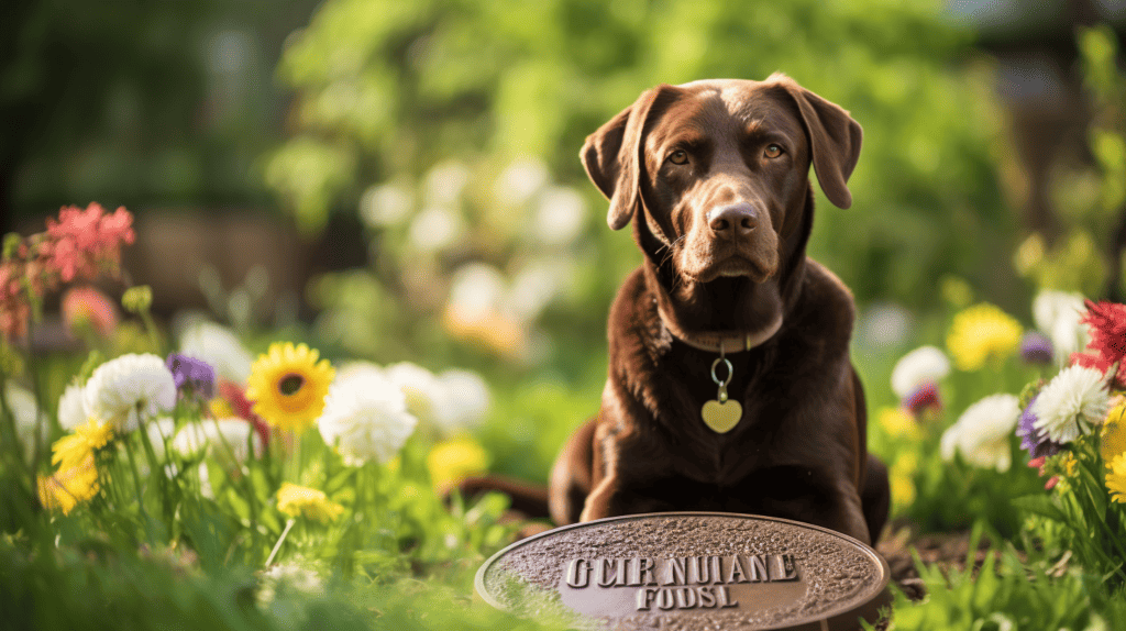 A heartfelt tribute to a beloved Chocolate Lab, a personalized dog memorial stake adorned with the Lab's name and a beautiful engraved paw print