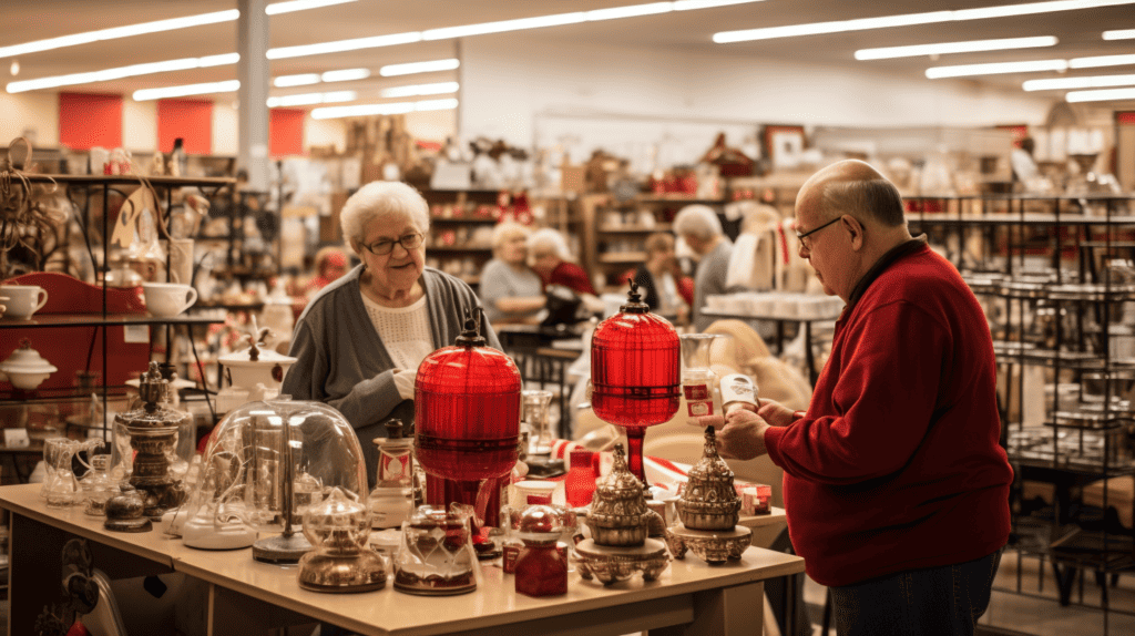 A heartwarming scene at a local Salvation Army store, with shelves lined with donated home decor items, including lamps, vases. Where Can I Donate Home Decor.