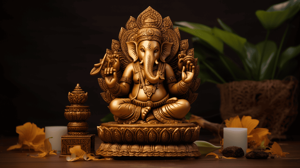 A mesmerizing Leekung Ganesha Statue in Antique Finish, crafted with intricate details and a serene expression, placed on a beautifully carved wooden