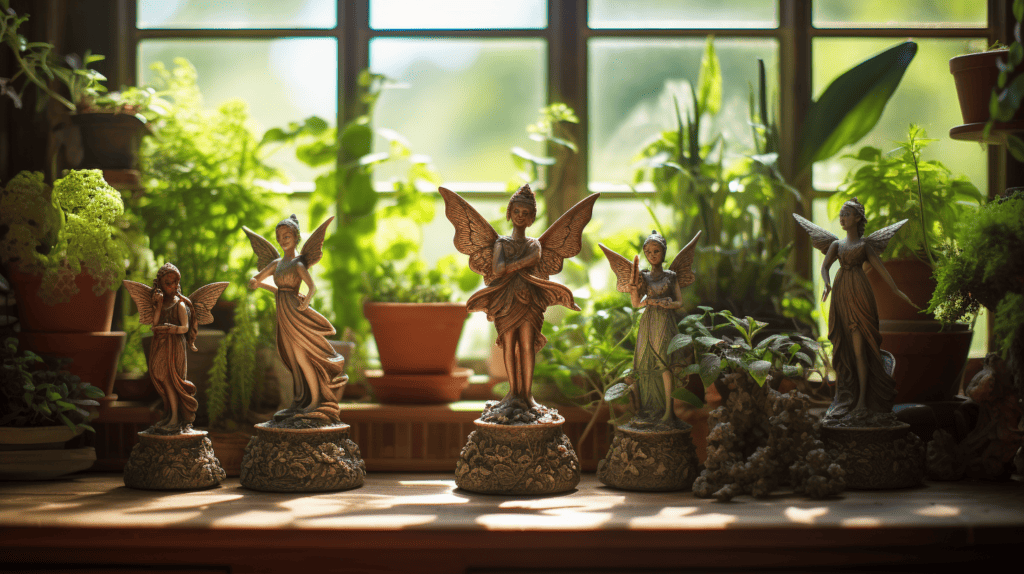 A mesmerizing display of Fairy Figurines and Statues placed on a sunlit wooden shelf, surrounded by lush green plants and flowers