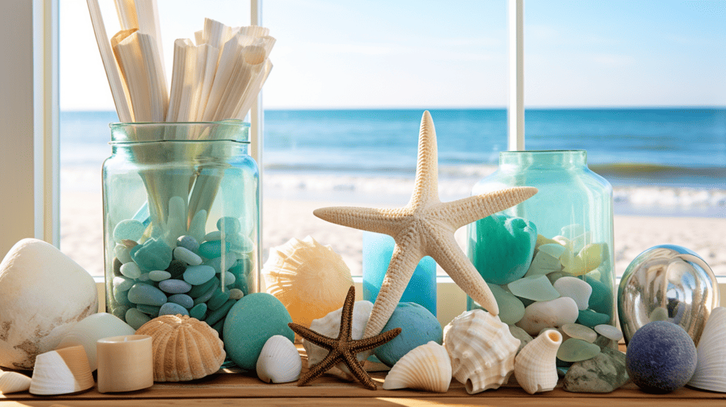 A mesmerizing display of Sea Glass Home Decor, with an elegant glass vase filled with vibrant sea glass
