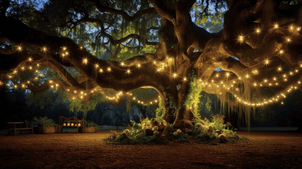 A mesmerizing display of battery-powered outdoor string lights, hanging gracefully among the branches of a towering oak tree in a magical forest