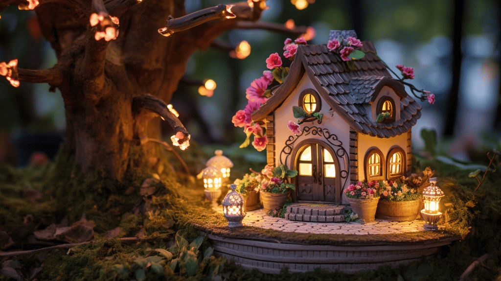A mesmerizing outdoor scene with solar-powered fairy lights illuminating a cozy garden, entwined around trees and bushes. Fairy Home Decor.