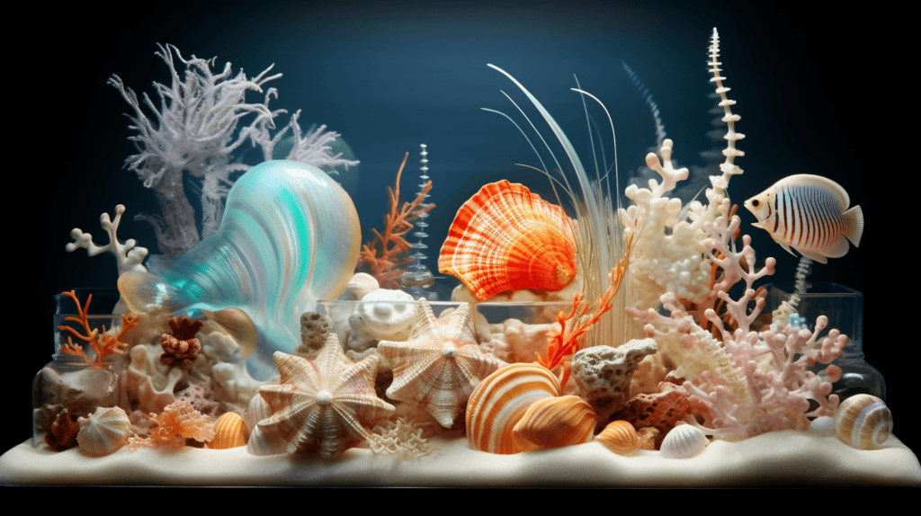 A mesmerizing still life composition featuring an elegant fish tank filled with a variety of seashell decorations. Shells Decorations Home.