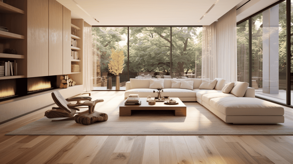 A modern and elegant living room with sleek wooden flooring, featuring a minimalist design with a neutral color palette. Bamboo flooring.