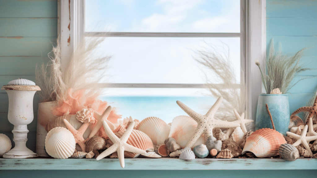 A picturesque coastal home decor arrangement with a collection of seashells, starfish, and coral displayed on a rustic wooden shelf