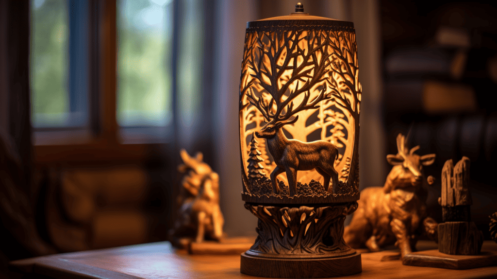 A rustic Northwoods lamp made of reclaimed wood, featuring intricate carvings of woodland creatures like deer, foxes, and owls. Woodland Home Decor.