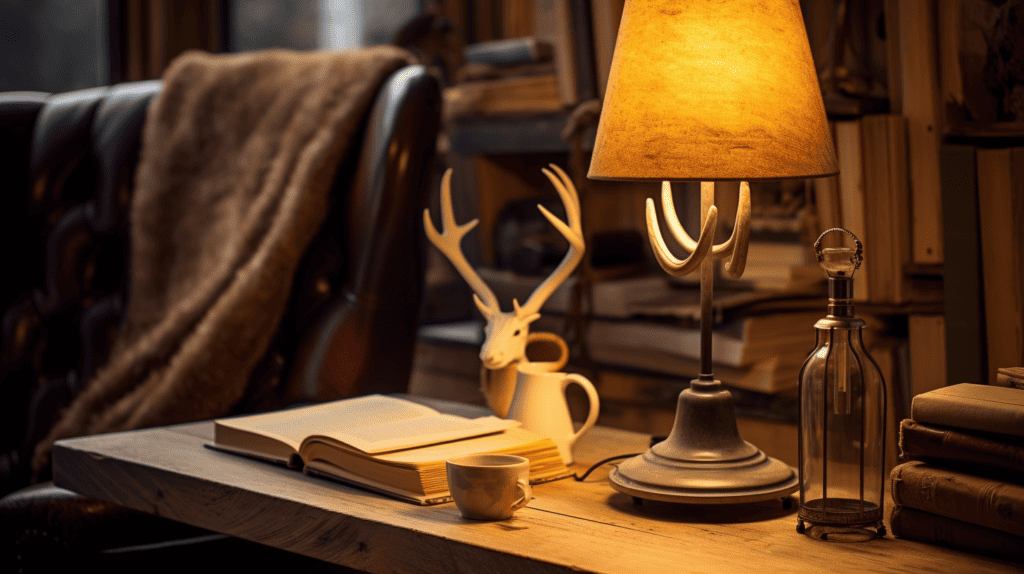 A rustic farmhouse antlers table lamp placed on a weathered wooden table