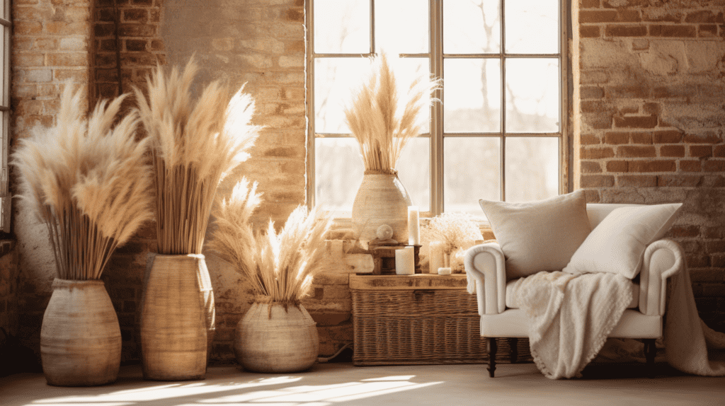 A rustic home decor setup featuring dried pampas grass arrangements in various vases and baskets