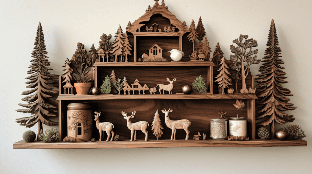 A rustic mountain shelf decor featuring wooden shelves adorned with various woodland home decor options