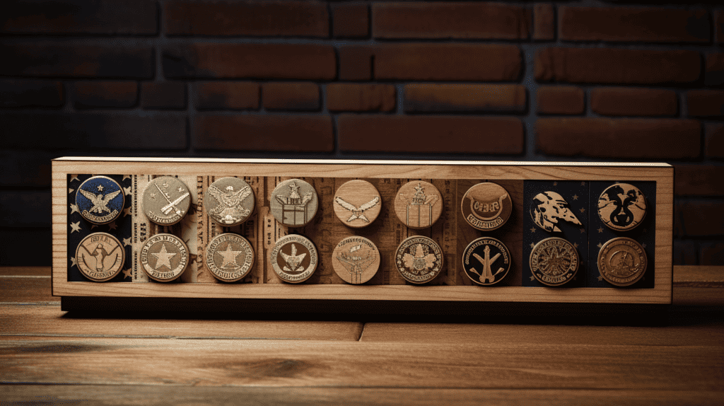 A rustic wooden American challenge flag coin holder, featuring a distressed finish and engraved army-themed designs, such as soldiers, tanks, and helicopters, capturing the essence of bravery and patriotism