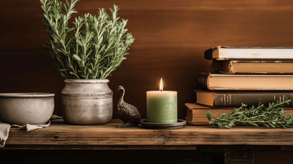 A serene scene featuring a Sage Healing Candle placed on a wooden shelf, surrounded by other Apothecary Home Decor Products