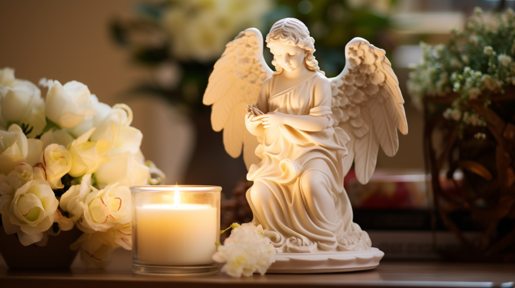 A stunning display of angel home decor items, featuring a serene white angel figurine with intricate wings, delicate features