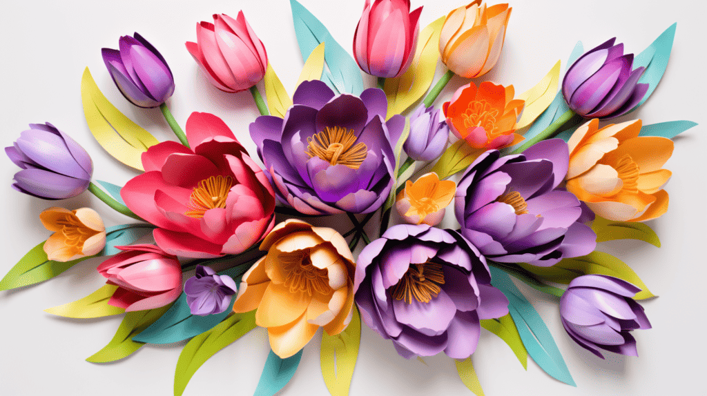 A stunning metal flower wall decor featuring a variety of tulips in vibrant colors, intricately designed petals with a touch of metallic sheen