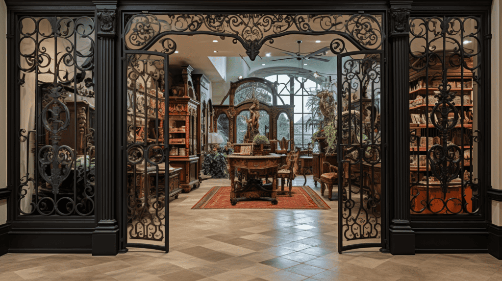A stunning showcase of custom wrought iron gates, doors, and windows in Don Quixote Home Decor's elegant showroom