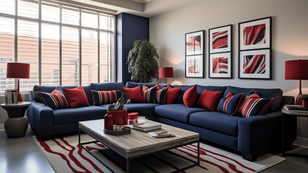 A stylish Atlanta Braves-themed living room with a large framed jersey hanging on the wall, showcasing the team's iconic logo and vibrant colors. Atlanta Braves Home Decor.
