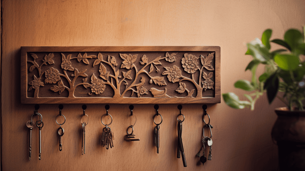 A stylish Home Decor Key Holder made of rustic wood, with multiple hooks for keys, intricate carvings of flowers and vines