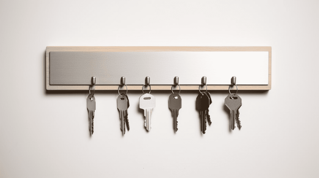 A stylish and minimalistic key rack made of brushed stainless steel, featuring sleek geometric shapes and clean lines. Home Decor Key Holder