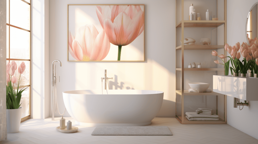 A stylish bathroom decor featuring various types of tulip home decor, including tulip-shaped soap dispensers