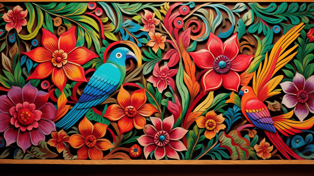 A vibrant Tulum-inspired wall decor featuring a colorful mural of tropical flowers and birds, intricately hand-painted on a wooden panel