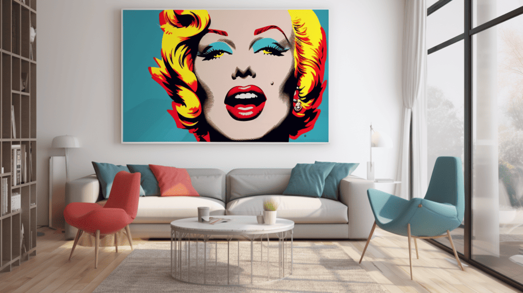 A vibrant and energetic Pop Art home decor scene with a large canvas print of Marilyn Monroe's iconic face