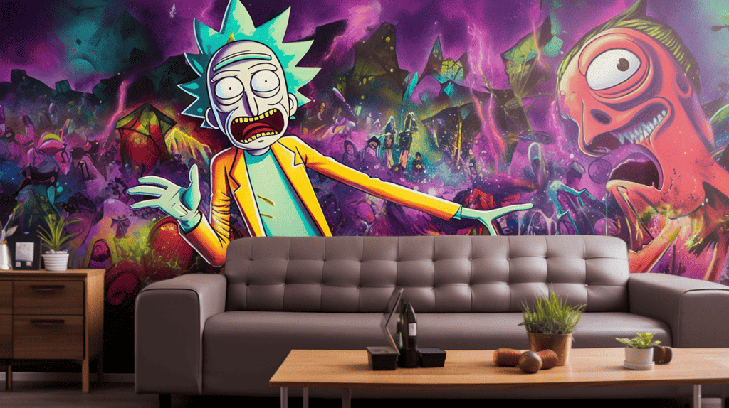 A vibrant and energetic Rick and Morty wall decal in a living room, featuring Rick and Morty in a hilarious pose