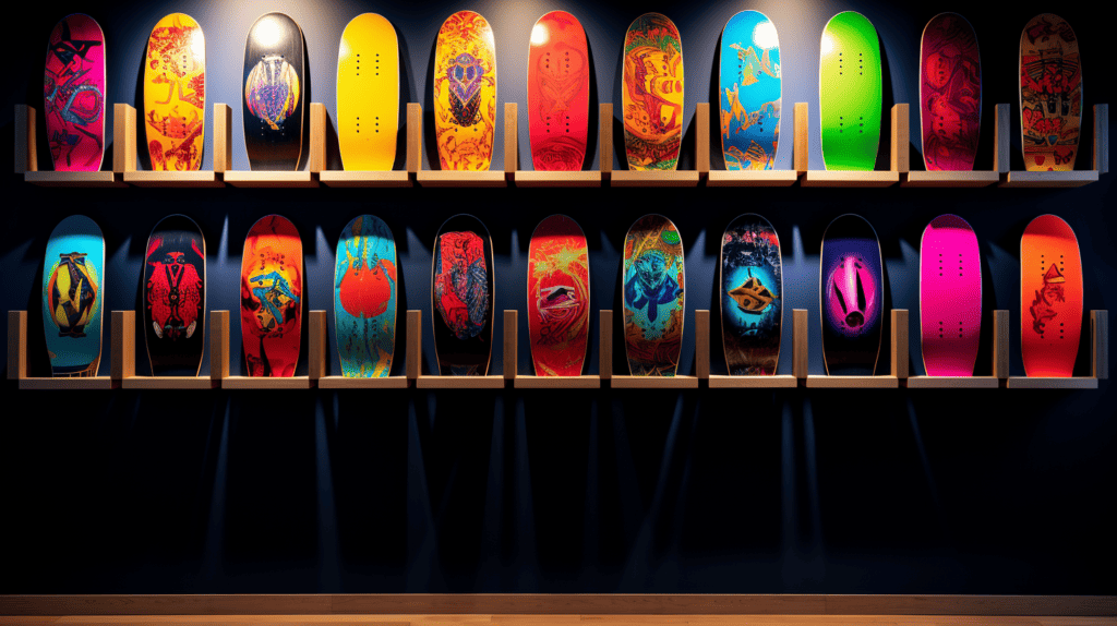 A vibrant and energetic contemporary skateboard wall art featuring a dynamic composition of skateboards in various colors and patterns. Skateboard Home Decor,