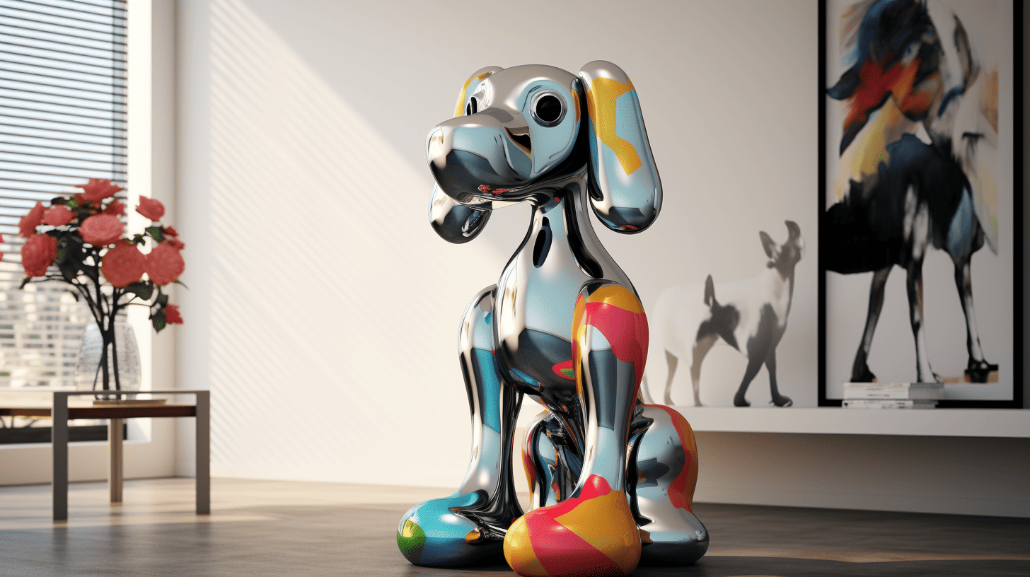 Pop Art Home Decor. A vibrant and eye-catching Balloon Dog Statue in metallic silver, standing tall on a pedestal, reflecting the surrounding light