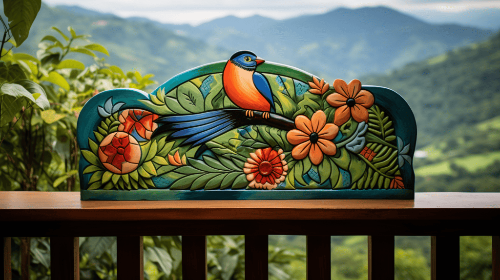 A vibrant handmade Colombian bird painted on a wooden canvas, showcasing intricate details of its feathers, beak, and eyes