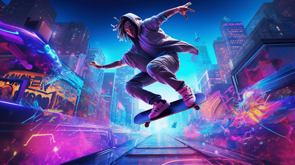 A vibrant holographic skateboard wall art depicting a dynamic skateboarding scene, with a skater performing a mid-air trick