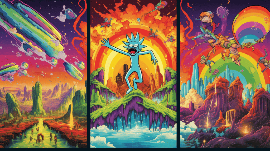 A vibrant set of Rick and Morty posters featuring iconic scenes from the show, such as Rick's spaceship flying through a multicolored portal