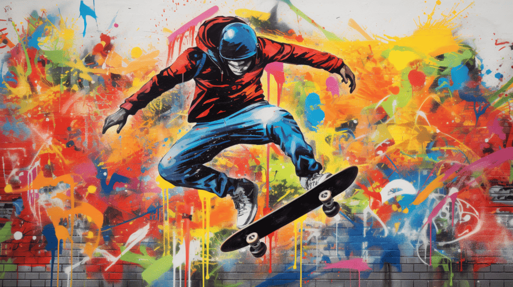 A vibrant skateboard wall art featuring a colorful graffiti design, showcasing various skateboarding tricks and stunts
