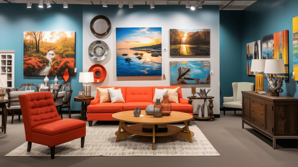 A vibrant wall art depicting various categories of Fingerhut Home Decor, showcasing a diverse range of products such as elegant furniture, stylish home accessories, and trendy bedding