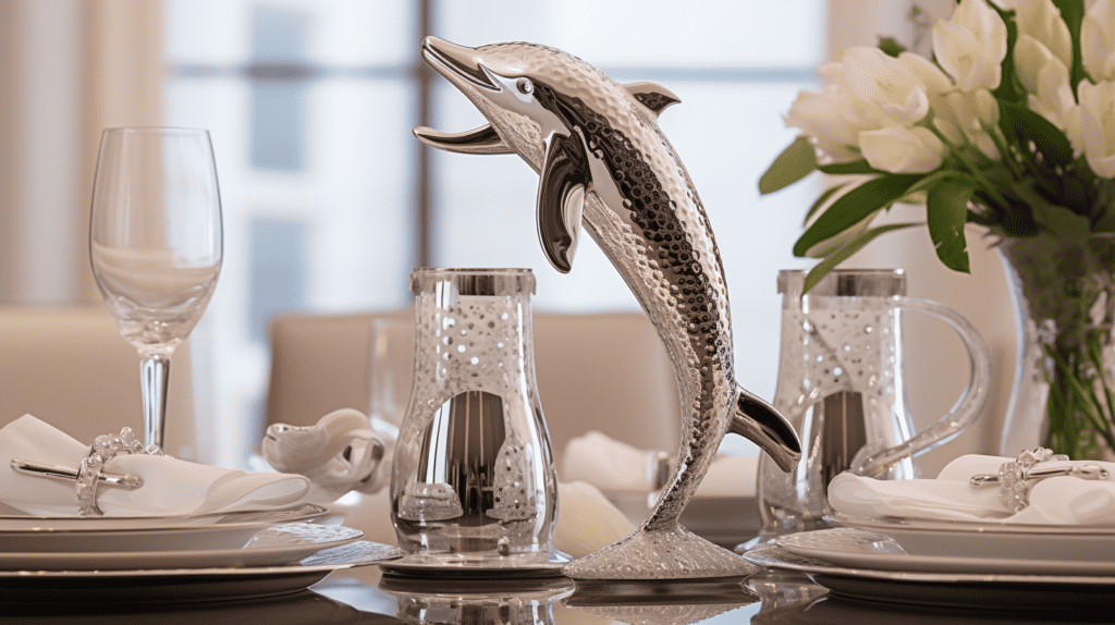 A visually striking composition featuring a set of elegant salt and pepper shakers shaped like dolphins, delicately crafted with intricate details