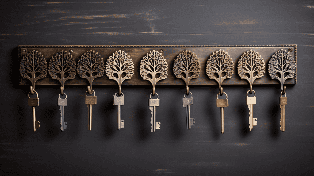 A visually striking composition of metal key holders arranged in the shape of a tree, each holder uniquely designed with intricate patterns and motifs