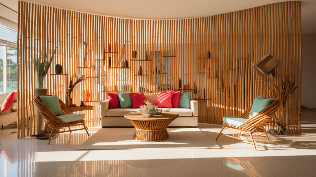 Home Decor Bamboo Sticks.A visually striking living room with bamboo stick room dividers serving as creative and unique partitions, casting beautiful shadows on the floor, creating an enchanting atmosphere