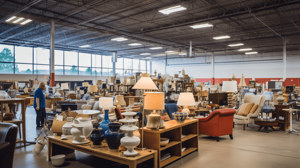 A well-organized Habitat for Humanity ReStore filled with a variety of donated home decor items, neatly arranged on shelves and racks