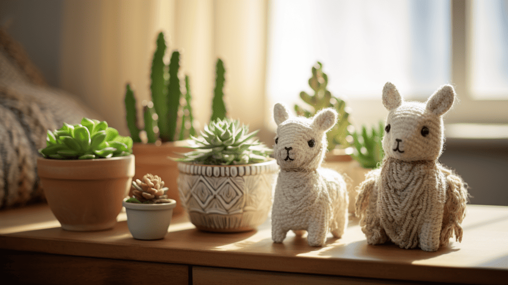 Adorable alpaca succulent planters in a cozy living room setting, surrounded by rustic wooden furniture, soft natural lighting filtering