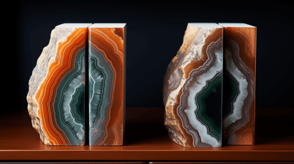 Agate bookends showcasing the beauty of natural agate patterns, featuring vibrant colors and intricate banding