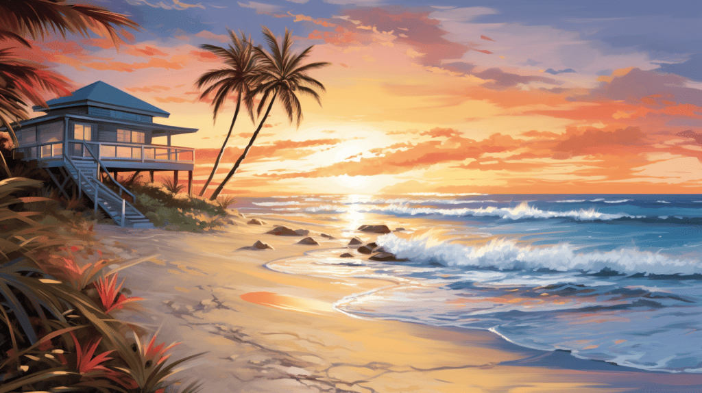 An enchanting coastal-themed artwork showcasing a serene beach at sunset, with gentle waves rolling onto the shore