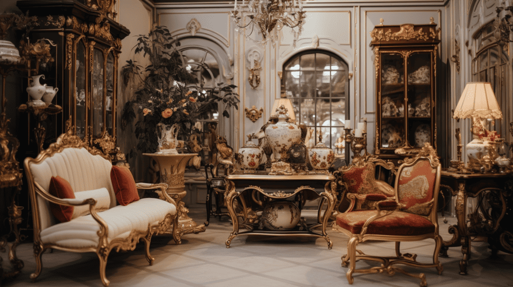 An exquisite collection of unique and antique home decor items showcased in a luxurious setting