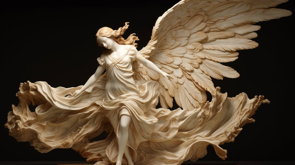 An exquisite resin sculpture of an angel, delicately crafted with a serene expression, flowing robes, and intricate feathered wings