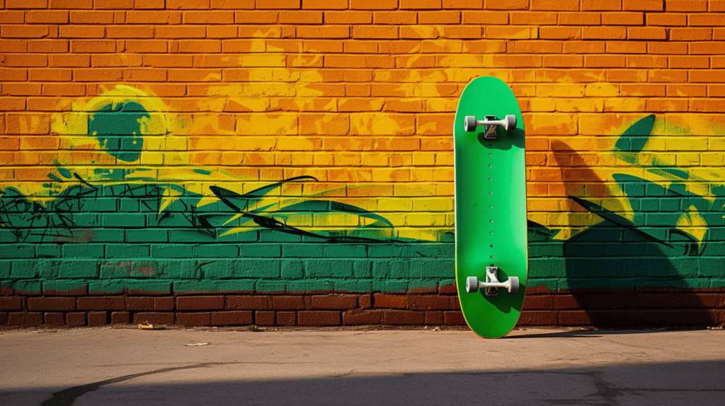An eye-catching Andy Warhol Campbell Retro Green Skateboard Wall Art displayed on a brick wall, featuring vibrant green and yellow colors