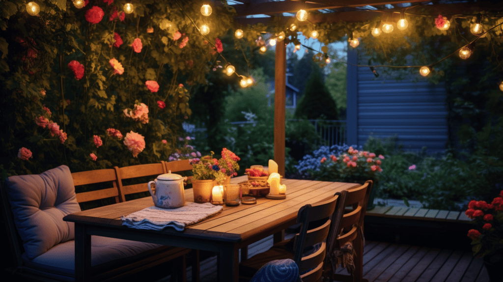 An intimate scene of a cozy outdoor patio adorned with fairy lights and string lights